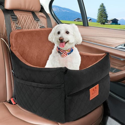 GL GLENSLAVE Dog Car Seat for Small/Medium Dogs, Dog Booster Car Seats with Thick Cushion for Dogs Under 35 lbs, Detachable Washable Pet Carseat with Storage Pockets, 2 Safety Belts(Black/Brown) - color: Black/Brown