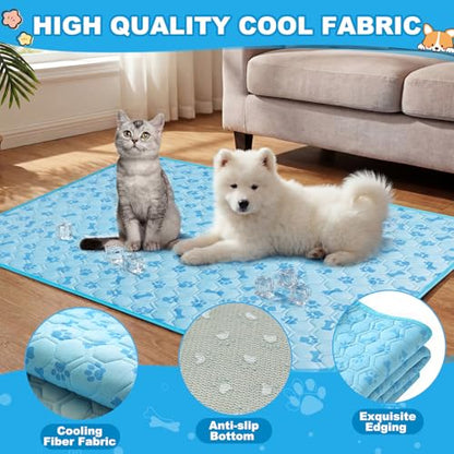 Hahafelt 4 Pack Dog Cooling Mat with Storage Bag 40" x 28" Blue Ice Silk Cooling Mat for Dogs Cats Washable Foldable Pet Sleeping Pad for Crate Bed Indoor and Outdoor Floor