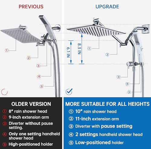 G-Promise All Metal 10 Inch Rain Shower Head with Power Wash Mode Handheld Spray Combo, Pause Setting 3-way Diverter, Full Body Coverage Waterfall Showerhead, Luxury Bathroom Upgrade (Chrome) - color: Chrome, size: 10 Inches