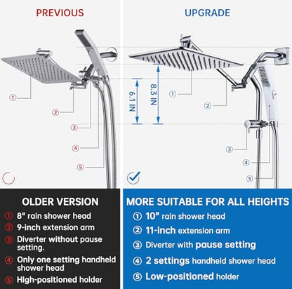 G-Promise All Metal 10 Inch Rain Shower Head with Power Wash Mode Handheld Spray Combo, Pause Setting 3-way Diverter, Full Body Coverage Waterfall Showerhead, Luxury Bathroom Upgrade (Chrome) - color: Chrome, size: 10 Inches