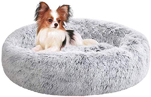 SAVFOX 45 inches Calming Donut Dog Bed - 3X Durable Plush Faux Fur, Machine Washable & Non-Slip, Fits up to 150 lbs, Light Grey - color: Light Grey, size: X-Large | 45"x45"
