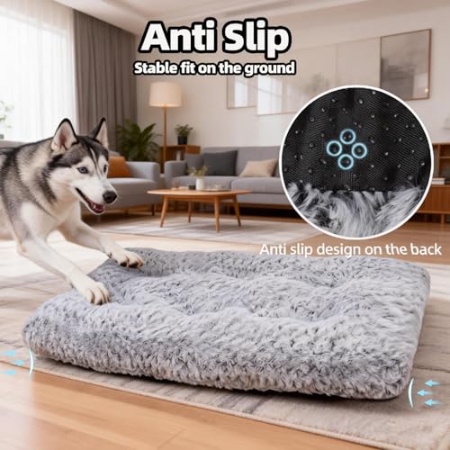 Extra Large Dog Bed Deluxe Plush, Washable Big Dog Beds, Indestructible Dog Crate Pad, Anti-Slip Soft Pet Bed, Comfy Kennel Pad for Large, Jumbo, Small, Medium Dogs Extra, 41"x 27"-XXL, Light Gray - color: Light Grey, size: 41"L x 27"W x 4"Th