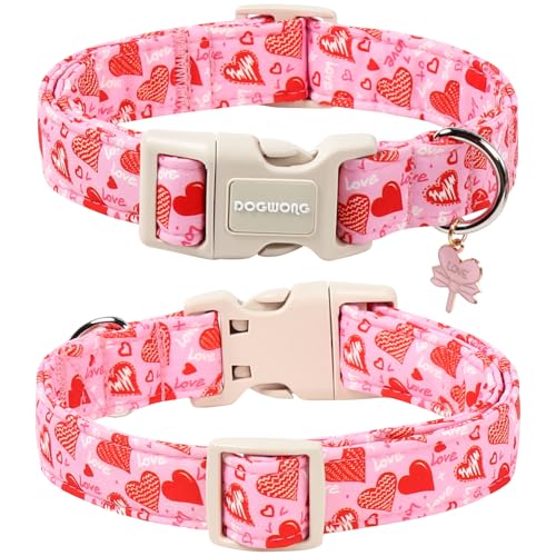 DOGWONG Valentine's Dog Collar - Pink Heart Adjustable Cotton Heart Dog Collar - Cute Dog Collars Perfect for Small Dogs - color: Z: Paw Heart, size: Extra Small