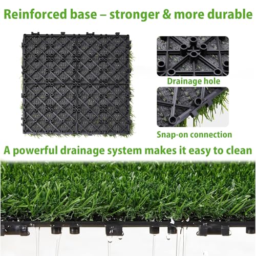 Interlocking Artificial Grass Tiles Self Draining Fake Turf Squares for Patio Balcony Outdoor Flooring Dog Potty Mat Indoor Deck Garden Green 12pcs - size: 12pcs