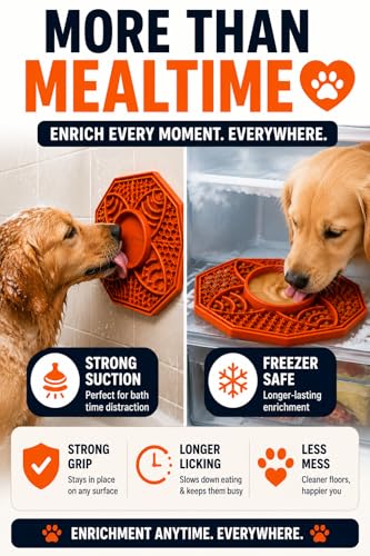 PetThrow Dog Slow Feeder Lick Mat Bundle – Octagon Silicone Feeder Bowl with Center Dish for Fresh & Wet Food, Suction Cups | Includes Spatula, Cleaning Brush & Recipe Card, Dishwasher Safe