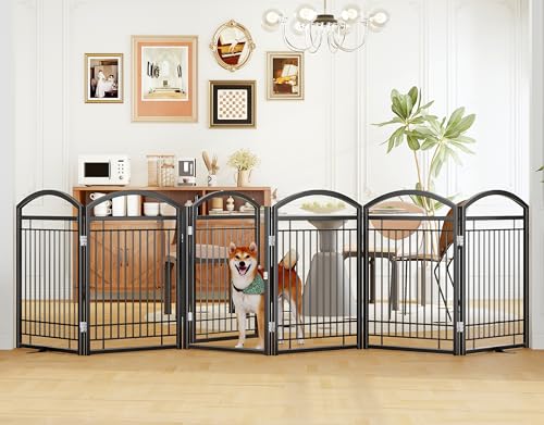 Folding No-Assembly Metal Freestanding Dog Gate with Door Walk Through,32" Height Pet Fence,144" Extra Wide Accordion Puppy Folding Playpen for Doorways,House,Stairs (6 Panels,Black) - color: Black, size: 6 Panels with Door 32"H*144"W