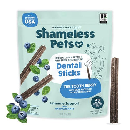 Shameless Pets Blueberry & Mint Dental Chews for Dogs, 32 Chews - Natural Dog Teeth Cleaning Treats with Fresh Breath Benefits | Grain-Free Dental Sticks for Small, Medium & Large Dogs - size: 1.75 Pound (Pack of 1)