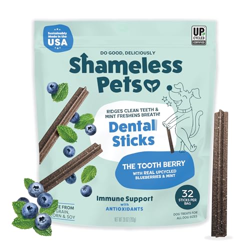 Shameless Pets Blueberry & Mint Dental Chews for Dogs, 32 Chews - Natural Dog Teeth Cleaning Treats with Fresh Breath Benefits | Grain-Free Dental Sticks for Small, Medium & Large Dogs - size: 1.75 Pound (Pack of 1)