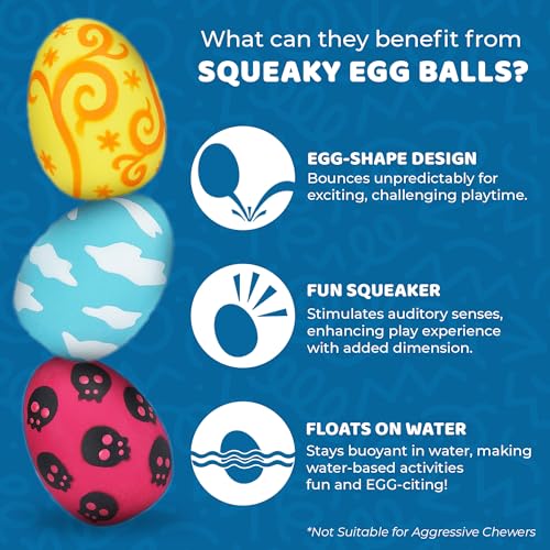 SunGrow Squeak Balls for Dogs, Companion for Puppies and Small Breeds, 3 Assorted Easter Egg Designs, Indoor, Outdoor Interactive Throw and Fetch Orbs, Soft Rubber, Blue, Pink and Yellow, 2.5x1.5