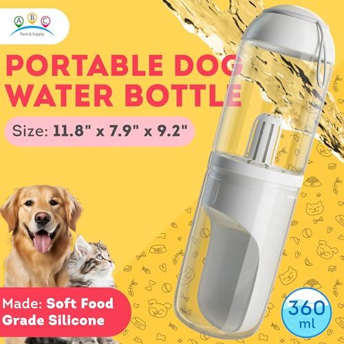 ABC Pack & Supply Dog Water Bottle Dispenser Portable, 12 oz Travel Size, Clear White ABS, One-Hand Button, Silicone Wrist Strap