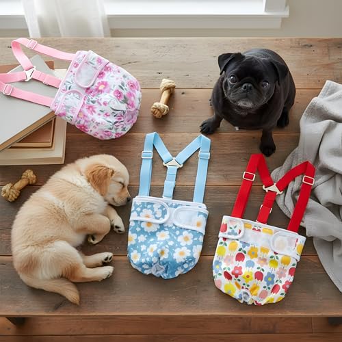 3 Pack Washable Female Dog Diapers with Suspender - Reusable Super Absorbent & Leakproof Fixed Doggie Diapers for Dogs in Heat Cycle - size: L