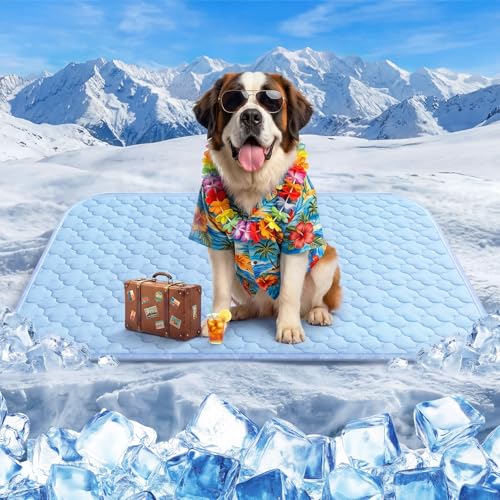 Cooling Mat for Dogs Extra Large 43" x 31", Cooling Pet Bed w Ice Silk Fabric & Waterproof Cover, Summer Cool Pad for Dogs, Non-Slip Washable Pet Blanket for Crate Kennel (Cryo Ice Blue) - color: Ice Blue Cloud Stitching, size: X-Large