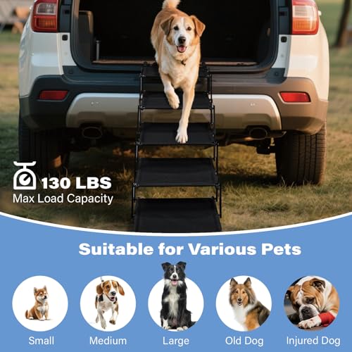Foldable Dog Stairs for Car SUV Truck, Portable Dog Steps for Large Injured, Pet Ramp with Non-Slip Surface,Suitable for Sofas, Bed, Supports Up to 130 lbs, 5 Steps