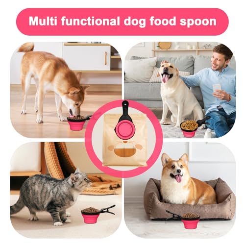Collapsible Dog Food Scoop Foldable Pet Food Bag Clip 3 in 1 Multi-function Silicone Cat Food Measuring Cup Scoop Dog Food Scooper Pet Food Storage Clip (Rose Red, 2 Cup Capacity(1 Pack)) - color: Rose Red, size: 2 Cup Capacity(1 Pack)