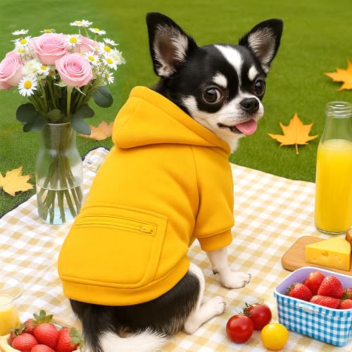 PETCARE Basic Dog Hoodie Sweaters for Small Medium Large Dogs Cats Puppy Clothes Soft Warm Fleece Dog Hoodies Sweatshirt with Small Pockets Fall Winter Chihuahua Dachshund Golden Retriever Outfits - color: Yellow, size: L(Suggest 6-10 lbs)