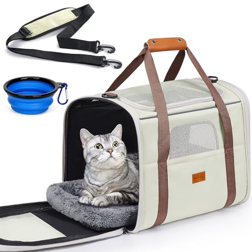 Morpilot Pet Travel Carrier Bag, Soft-Sided Dog Carrier Cat Carrier Pet Carrier, for Large Cats and Medium Puppies up to 25lbs, with Locking Safety Zippers, Foldable Bowl (Beige) - color: Beige, size: 18.0"L x 12.5"W x 14.0"H