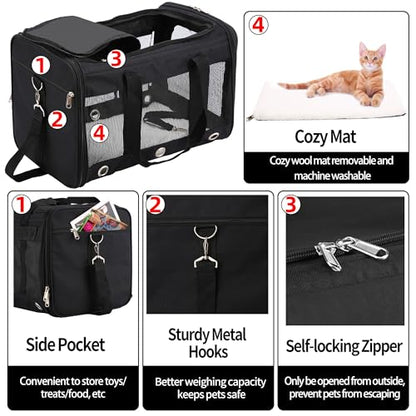 Soft Sided Cat/Dog Carrier,Collapsible Pets Travel Carriers for Pet/Puppy with Shoulder Strap & Removable Mat,Mesh Top Load Small Dogs/Cats Carry Bag Up to 17 Lbs TSA Airline Approved（Black,M） - size: M Black