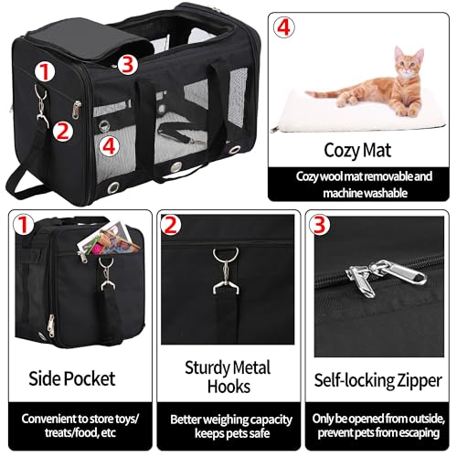 Soft Sided Cat/Dog Carrier，Collapsible Mesh Pets Travel Carriers for Pet/Puppy with Shoulder Strap & Removable Mat，Top Load Small Dogs/Cats Carry Bag Up to 25 Lbs（Black - L） - size: Black L