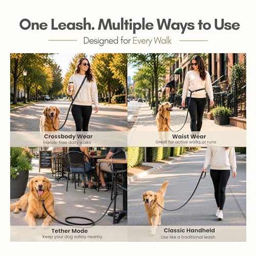 Hands-Free Waterproof Dog Leash, Adjustable Waist & Crossbody Dog Leash for Running, Walking & Hiking (Black, 8 FT) - color: Black, size: 8 FT