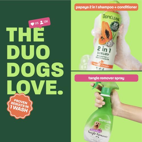 TropiClean 2-in-1 Dog Shampoo and Conditioner & Dog Detangler Spray Dematting, Grooming Bundle, Puppy Safe, Made in USA - size: Bundle