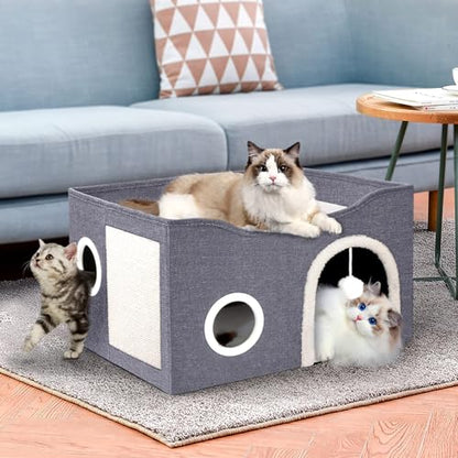 Heeyoo Cat House for Indoor Cats - Large Cat Bed Cave with Fluffy Ball and Scratch Pad, Foldable Cats Houses & Condos, Cat Hideaway, Covered Kitty Bed for Multi Small Large Kitty, 23.8x15.9x13.2 Inch - style: Without heat pad