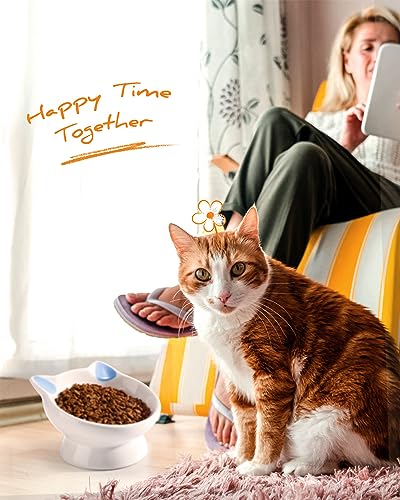 Raised Cat Food Bowl Ceramic 15° Tilted Cat Food Bowls Protect Cat's Spine Anti Vomiting Backflow Prevention Bowls for Adult Cats, Kitten, and Small Dogs, Blue - color: Blue Ears