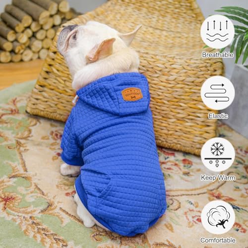 BEAUTYZOO Small Dog Hoodie Sweater with Pockets, Dog Clothes for Small Medium Dogs Boy Girl, Waffle-Like Laminated Cotton Pet Coats with Hat and Leash Hole, Blue S - color: Blue, size: S (Back: 12",Chest: 16", Neck: 10")
