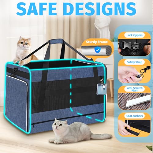 Petskd Side Expandable Extra Large Cat Carrier with Litter Box Area, 24"x17"x17" Soft-Sided Pet Carrier for 2 Cats Under 55 lbs with Zipper Locks for Car Travel(Blue) - color: Blue