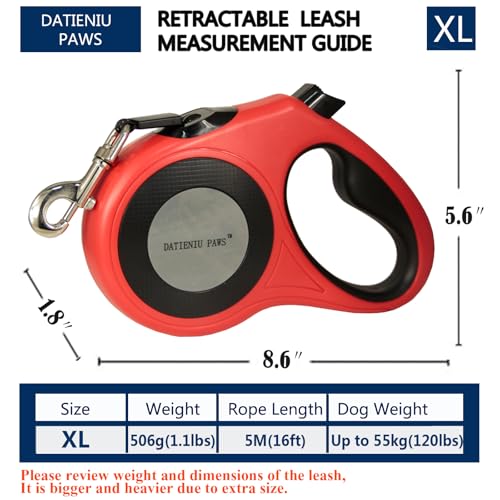 XL 16FT Retractable Dog Leash for Large Dog up to 120 lbs, Chew Proof Steel Wire Extender, One-Hand Brake & Lock, Tangle-Free Heavy Duty Walking Leash XL RED - color: Red