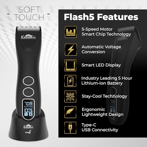 Kenchii Flash 5 Matte Black 5-in-1 Pet Grooming Clipper Digital LCD Stay-Cool Blade Precision Pet Grooming Trim, Shape, Sleek and Ergonomic Design - color: Matte Black
