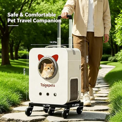 Rolling Cat Carrier Backpack with Wheels, Large Breathable Pet Travel Bag, Lightweight Space Capsule Pet Luggage Carrier for Cats Small Dogs Up to 22lbs