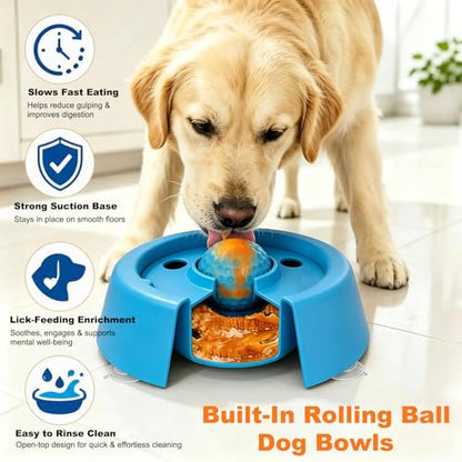 SummerCool Dogs Lick Bowl with Rolling Ball,Ant-Slip Slow Feeder for Dogs,2 Pack,Blue