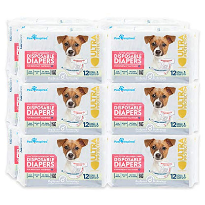 Paw Inspired Disposable Dog Diapers | Female Dog Diapers Ultra Protection | Diapers for Dogs in Heat, Excitable Urination, or Incontinence (12&144 Count) (Small (144 Count)) - size: Small (144 Count)