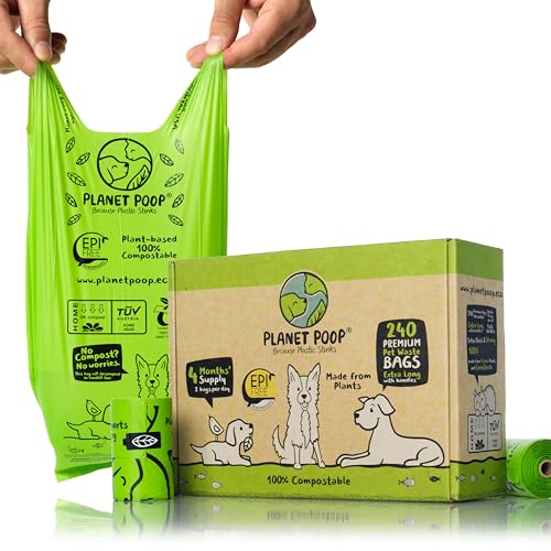 PLANET POOP Home Compostable Dog Poop Bags Extra-long with Handles 240 Un-Scented Pet Waste Bags Plastic Free, Thick Leakproof Plant-Based Doggy Bag, Cats & Dogs Pet Supplies - size: 240 Count (Pack of 1)