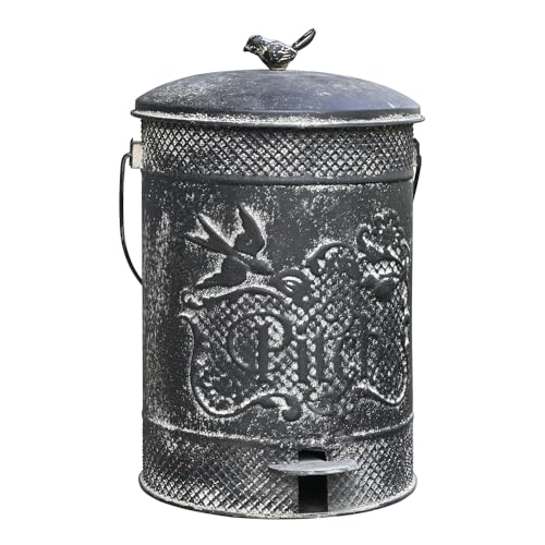 All Chic Vintage Metal Garden Trash Can, Green with Bird Finial, Decorative Lattice Pattern (Black) - color: Black