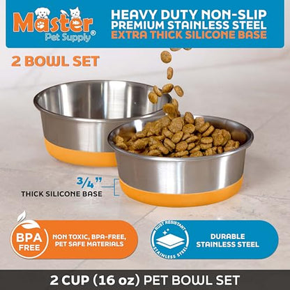 Master Pet Supply Stainless Steel Dog Bowls Set of 2 with Extra Thick Silicone Base - 2 Cup (16 oz) Mango Tango, Non-Slip, Dishwasher Safe Metal Bowls, Pet Dog Food Bowl for Dogs, Cats, Anti Rust - color: Mango Tango, size: 2 Cups (16 oz) 2 Pack