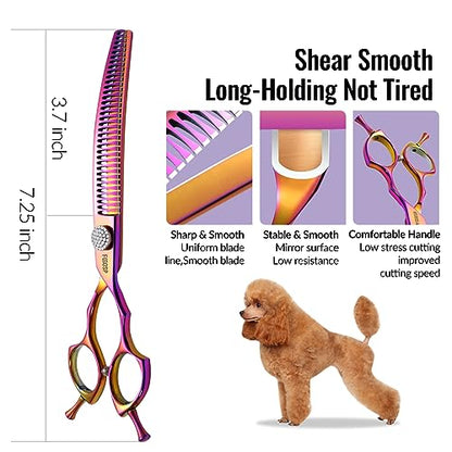 전문가용 곡선형 청커스 가위 강아지 그루밍 19.1cm(7.5인치) 무지개 곡선형 얇은 가위, 대형견용, 35개의 치아, 일본 440C 스테인리스 스틸, 퍼플 - color: 로즈 레드, size: 7.5 in Curved Chunkers
