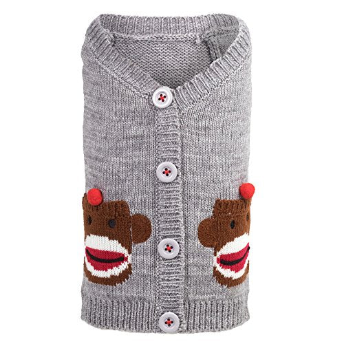 THE WORTHY DOG Sock Monkey Sleeveless Cardigan Dog Sweater – Warm Pullover Dog Clothes with Faux Pockets & Buttons, Heathered Knit - Gray, X-Small - color: Sock Monkey - Gray, size: X Small