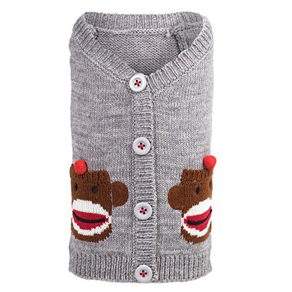 THE WORTHY DOG Sock Monkey Sleeveless Cardigan Dog Sweater – Warm Pullover Dog Clothes with Faux Pockets & Buttons, Heathered Knit - Gray, X-Small - color: Sock Monkey - Gray, size: X Small