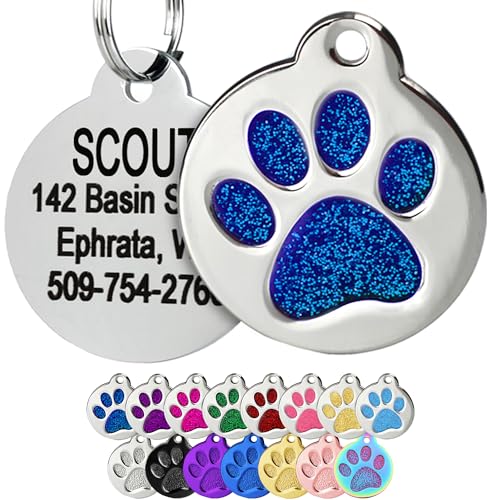 GoTags Paw Print Round Stainless Steel Pet Tag for Dogs and Cats, Personalized with 4 Lines of Custom Engraved ID Name and Number, in Stainless Steel and 15 Colors Small and Large, Glitter Blue - color: Glitter Blue, size: Small w/o Silencer