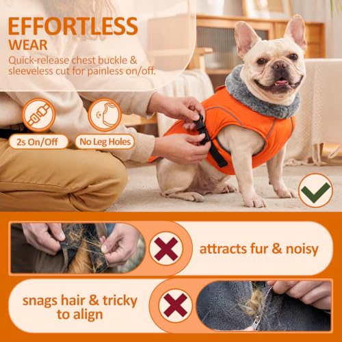 DENTRUN Warm Dog Winter Coat, Easy On Reflective Turtleneck Fleece Jacket | Adjustable buckle, easy on off, windproof & water-repellent, thick fleece snowsuit, outfit fits small to large breeds - color: Orange, size: Small