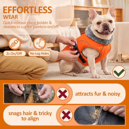 DENTRUN Warm Dog Winter Coat, Easy On Reflective Turtleneck Fleece Jacket | Adjustable buckle, easy on off, windproof & water-repellent, thick fleece snowsuit, outfit fits small to large breeds - color: Orange, size: Large