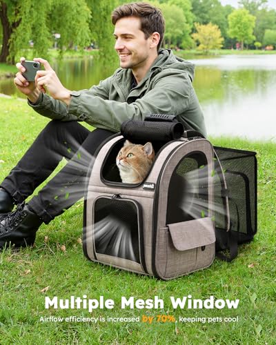 pecute Cat Backpack Expandable, Cat Backpack for Cat with Breathable Window - color: Brown, size: 12.6"L x 10.2"W x 16.5"H