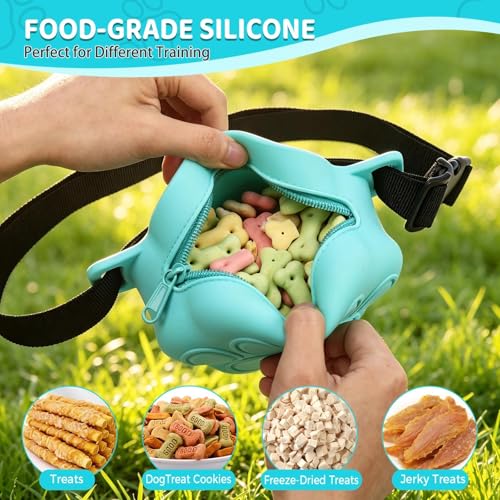 Dog Treat Pouch with Training Clicker and 2 Poop Bags, 1.8 Cup Small Sealable Zipper Silicone Fanny Pack with Waist Belt, Pet Puppy Training & Walking Essentials (Blue) - color: Blue