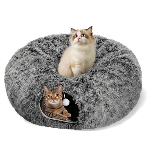 Cat Tunnel Bed for Indoor Cats, Peekaboo Cat Cave with Washable Soft Play Mat, Furry Cat Tube, for Kitten/Puppy/Rabbit, Black - color: black