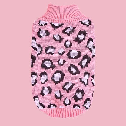 Leopard Knit Sweaters for Small Dogs, Pink Turtleneck Pullover for Pet, Puppies Cats Winter Sweater for Valentines Day Holiday - size: Large