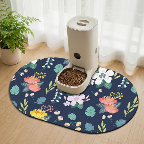 Large Absorbent Dog Mat for Food and Water 28''x17'', Easy Clean Cat Dog Water Bowl Mat, Non-Slip Pet Water Mat Protect Floor, Fit with Automatic Feeders and Double-Bowl, Dakr Blue Floral - color: Dark Blue Floral, size: 28''x17''