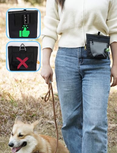 Gobeigo Dog Treat Pouch and Training Clicker, Upgrade Two Magnetic Closure to Prevent Spills, 2 Cup Treat Bag with Poop Bag Dispenser, Metal Clip Waist Belt Fanny Pack for Pet Walk (Black/Gray) - color: C-Black/Gray