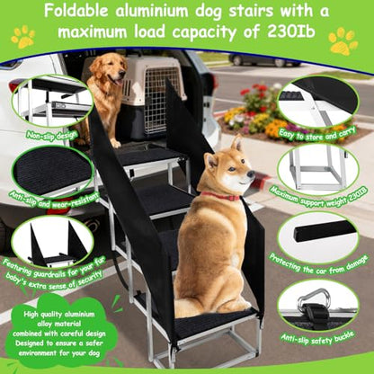 Dog Stairs with Guardrail for Large Dogs Extra Wide 20 Inch Step, High34 in 4 Step Foldable Dog Ramp, Supports up to 230 lbs Designed for Oversized SUVs, Off Road Vehicles, and Pickup Trucks- Felt - size: 20" W x 34-35" H