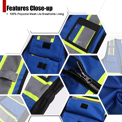 Safety Vest for Women High Visibility Vest with 8 Pockets and Front Zipper Mesh Reflective Vest Meets ANSI/ISEA Standards(Blue-17, Medium) - color: Blue-17, size: Medium